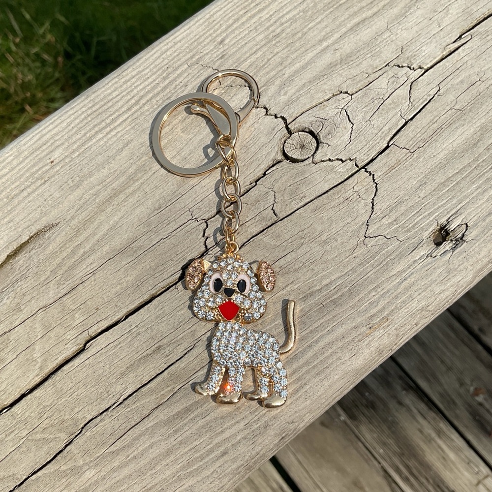 Crystal Pave Dog Bag Charm Keychain – Gold Tone Sparkly Puppy Bling! 🐾🐾
